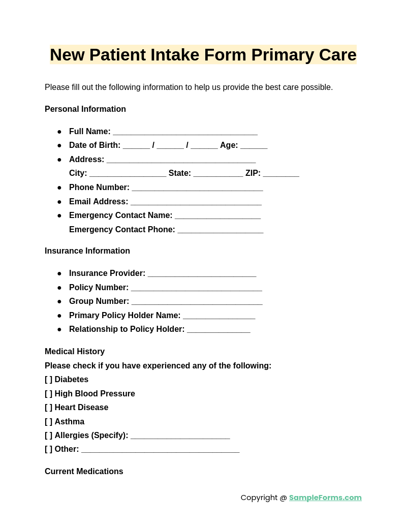 new patient intake form primary care