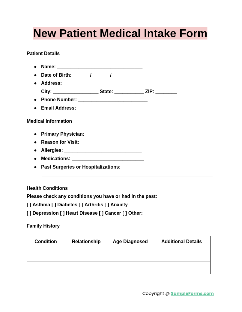 new patient medical intake form