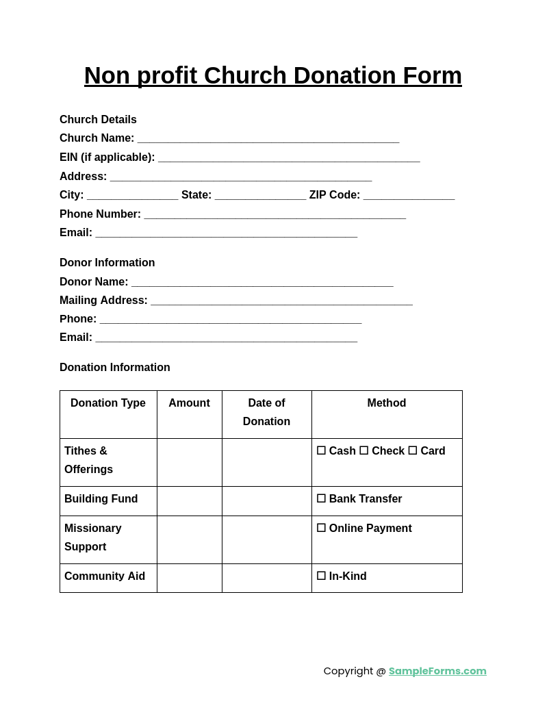 non profit church donation form