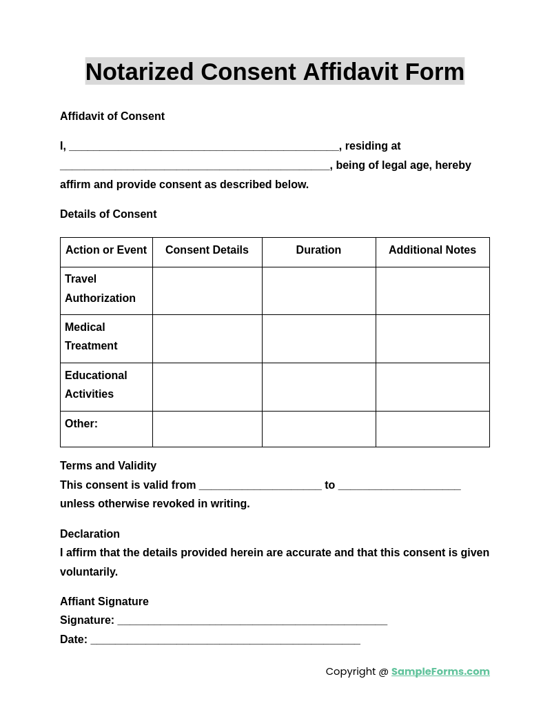 notarized consent affidavit form