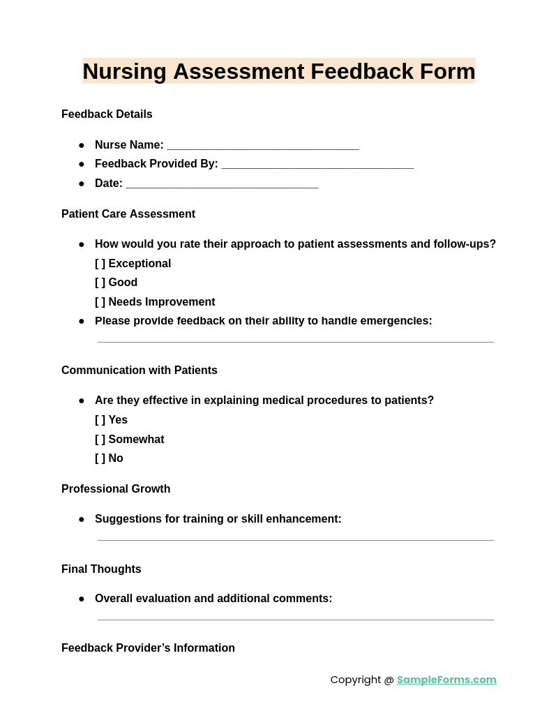 nursing assessment feedback form