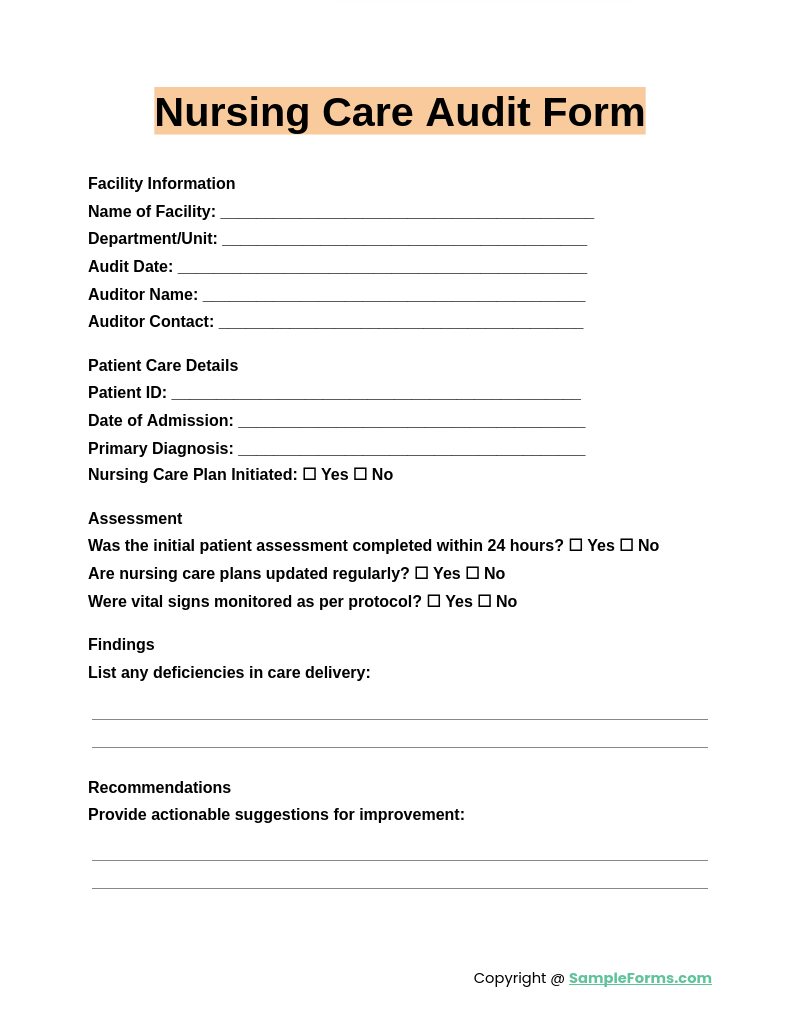 nursing care audit form