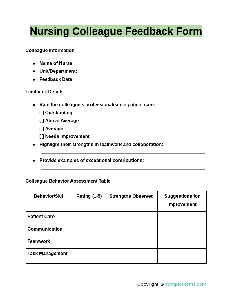 nursing colleague feedback form