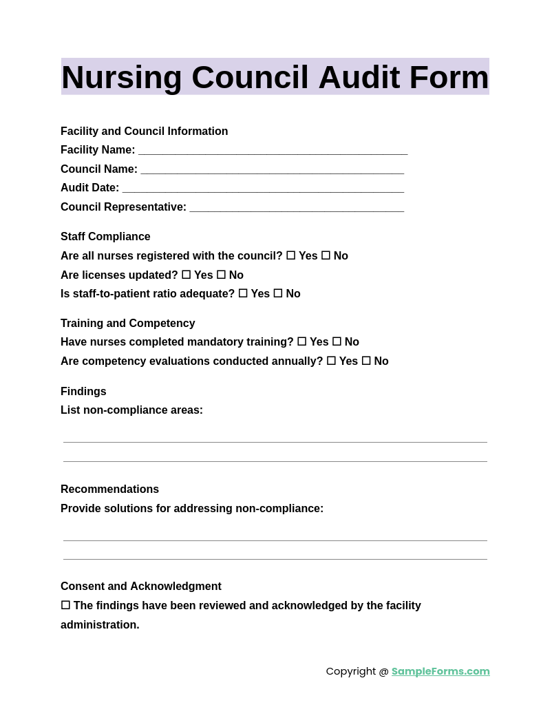 nursing council audit form