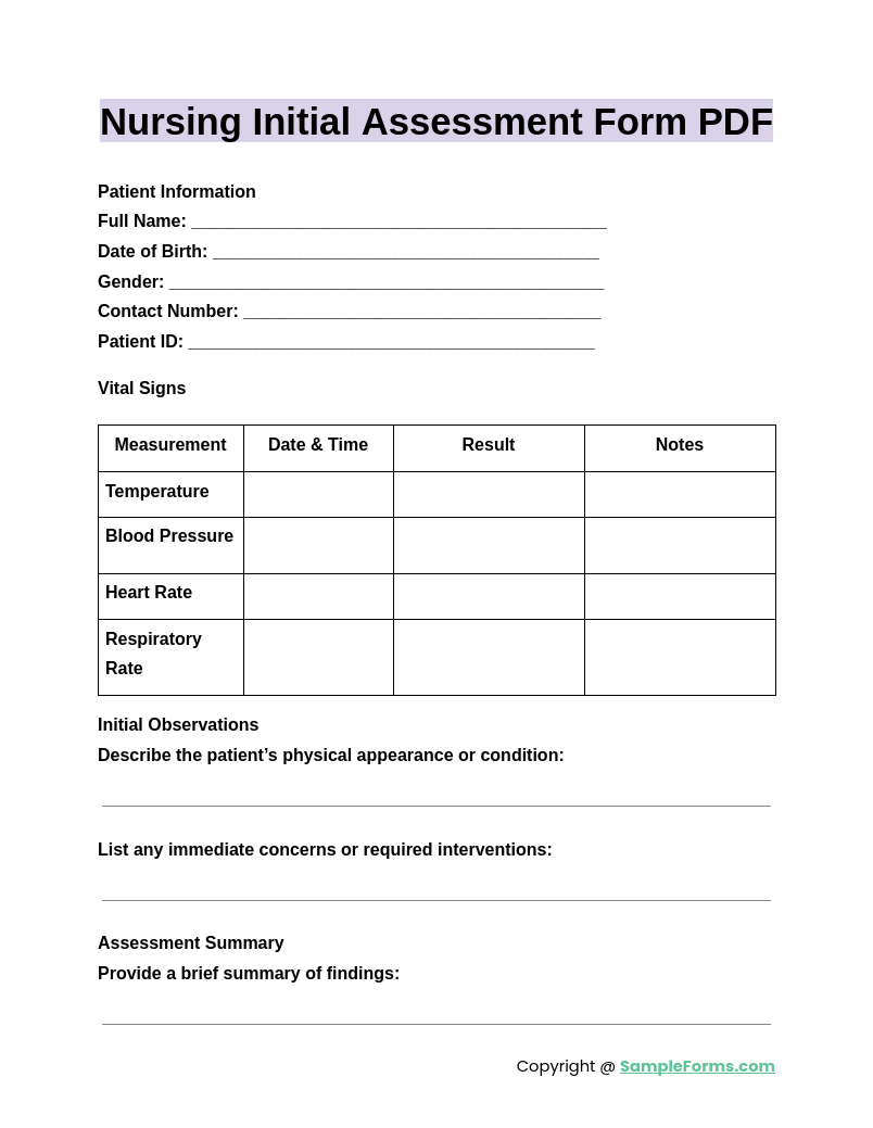 nursing initial assessment form pdf