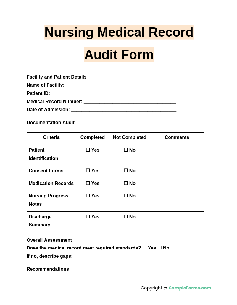 nursing medical record audit form