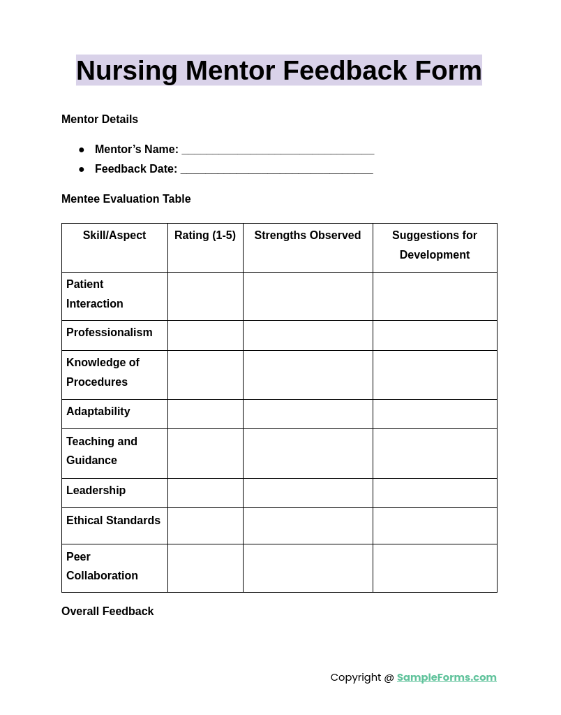 nursing mentor feedback form