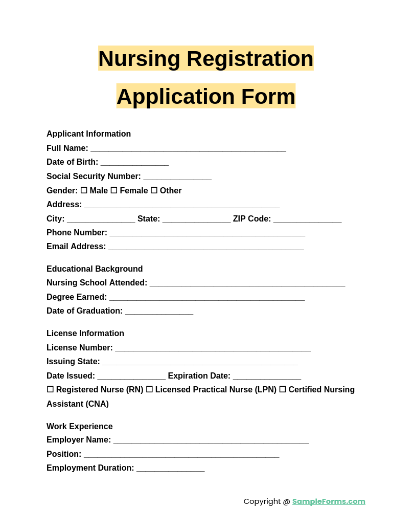 nursing registration application form