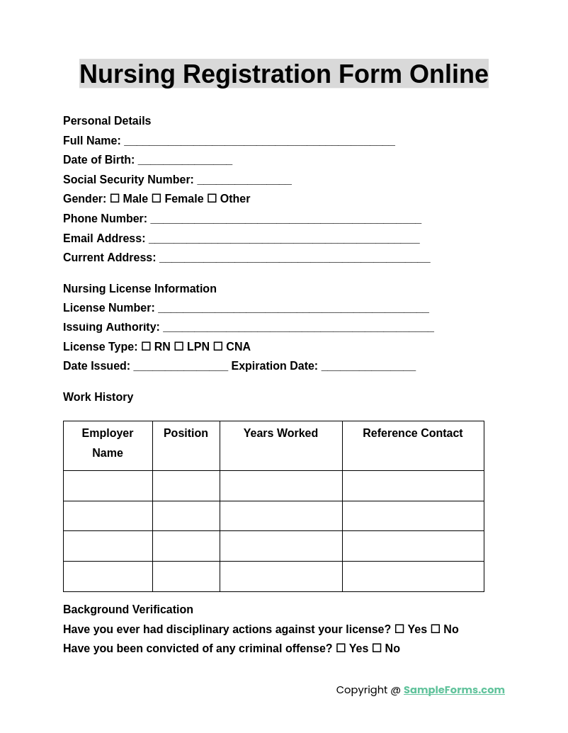 nursing registration form online