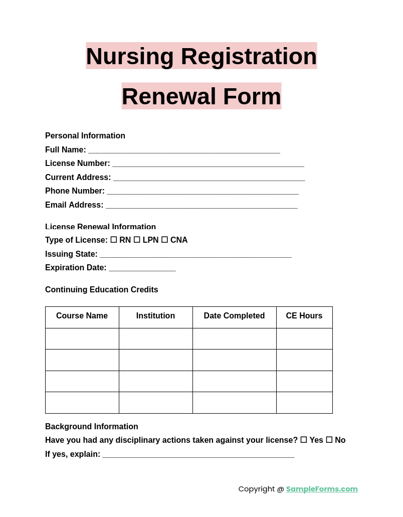 nursing registration renewal form