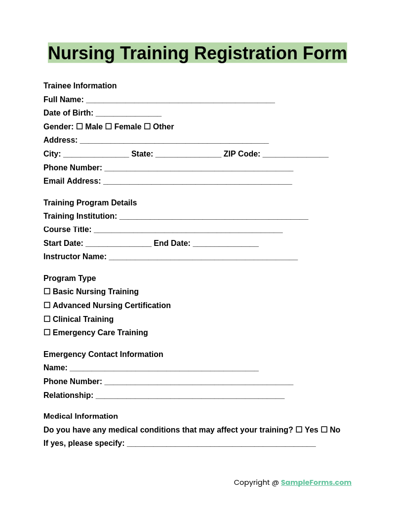 nursing training registration form