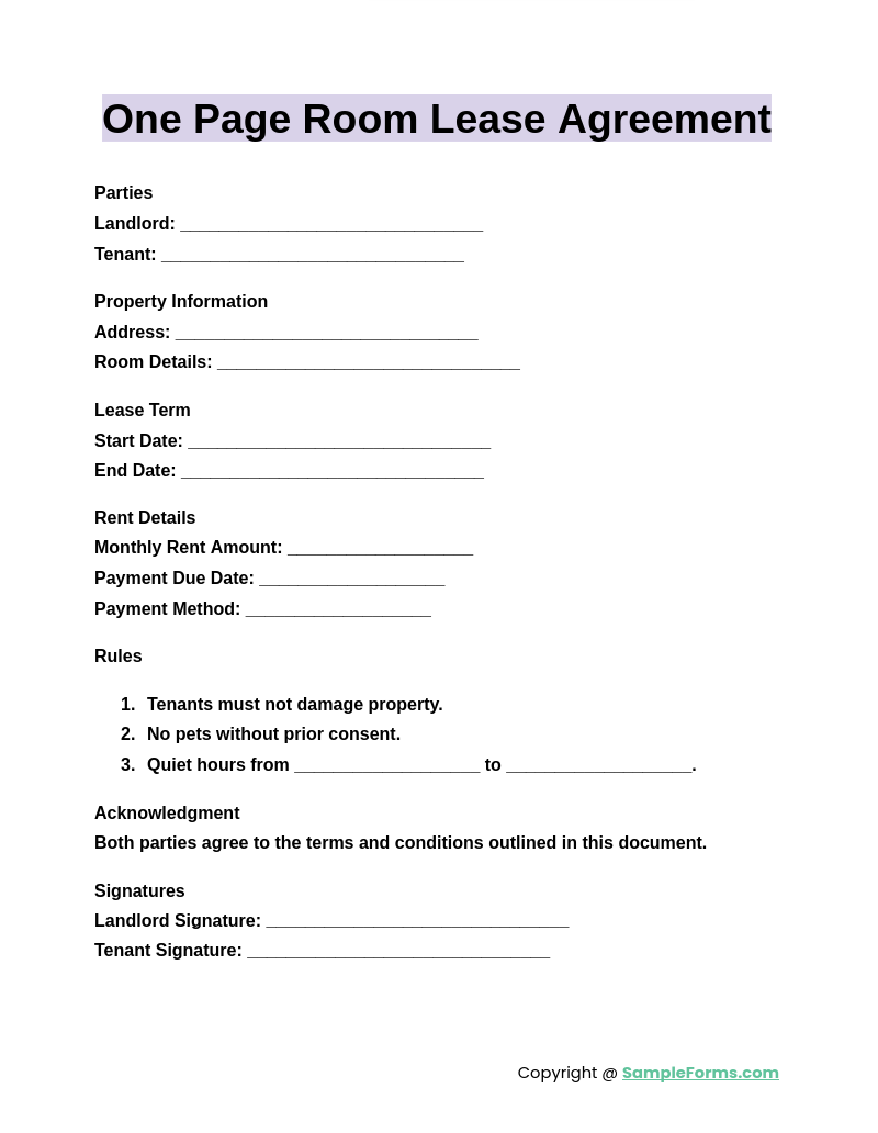 one page room lease agreement