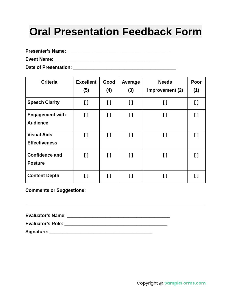 oral presentation feedback form