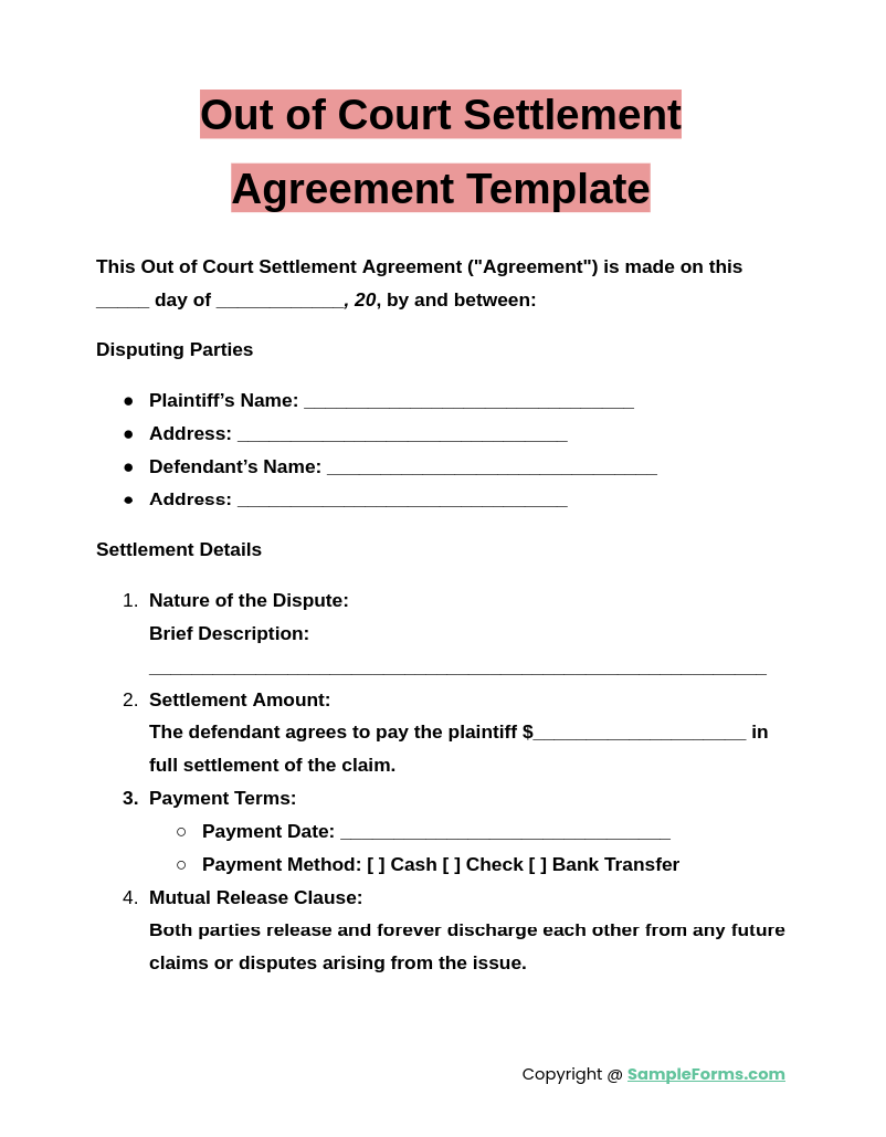 out of court settlement agreement template