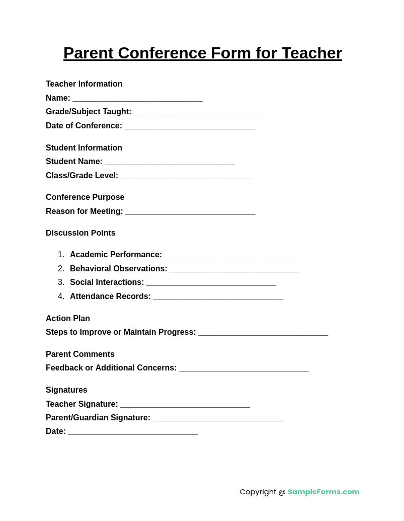 parent conference form for teacher