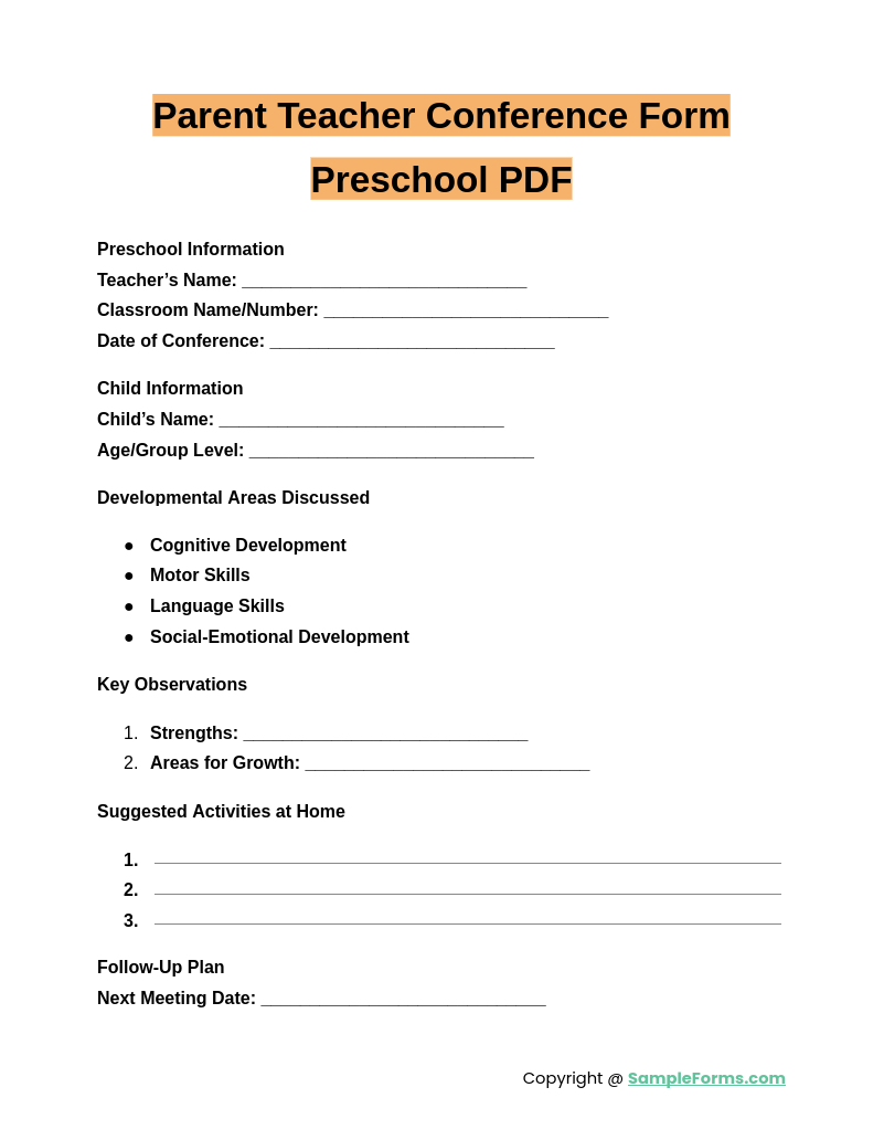 parent teacher conference form preschool pdf