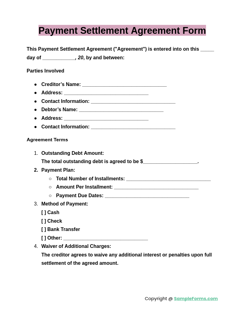 payment settlement agreement form