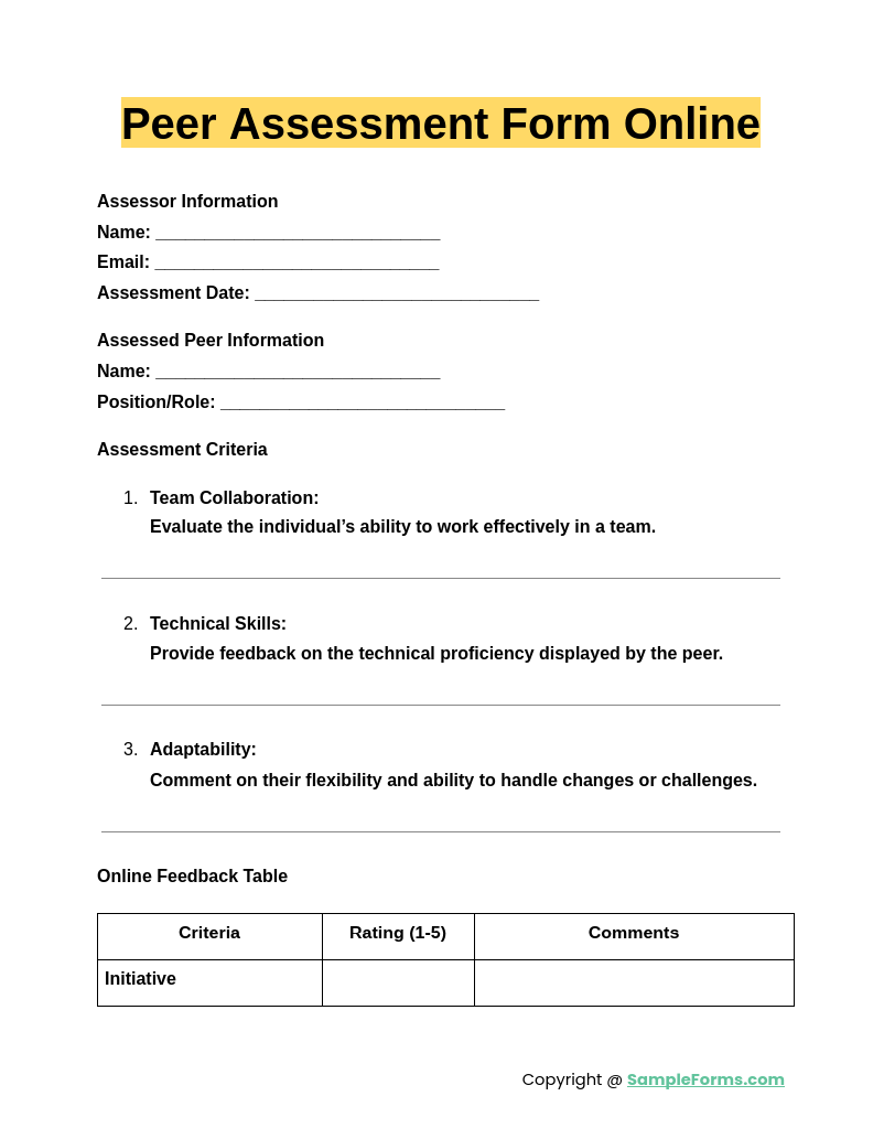 peer assessment form online