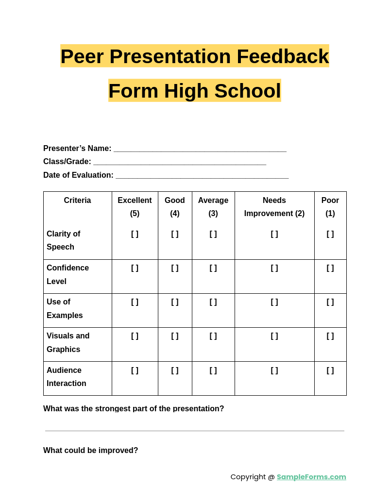 peer presentation feedback form high school