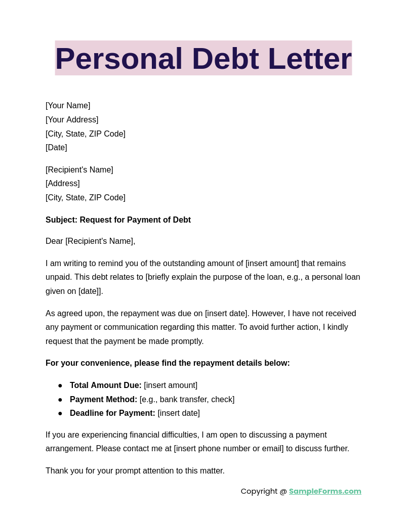 personal debt letter