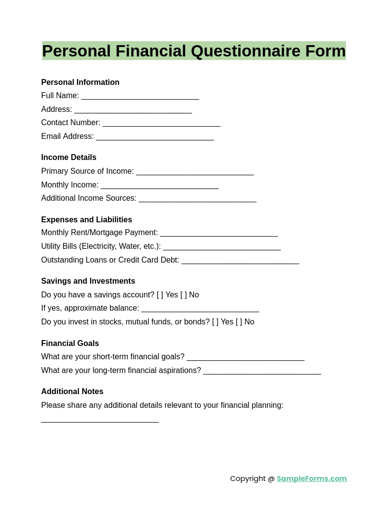 personal financial questionnaire form