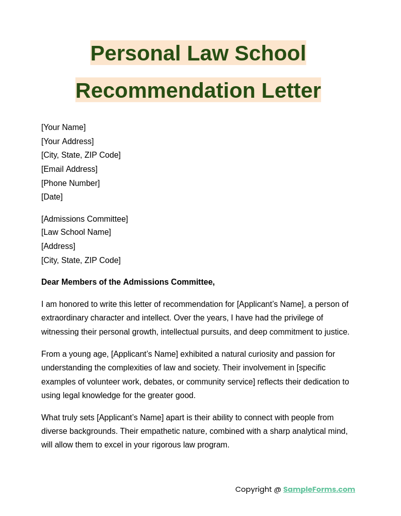 personal law school recommendation letter