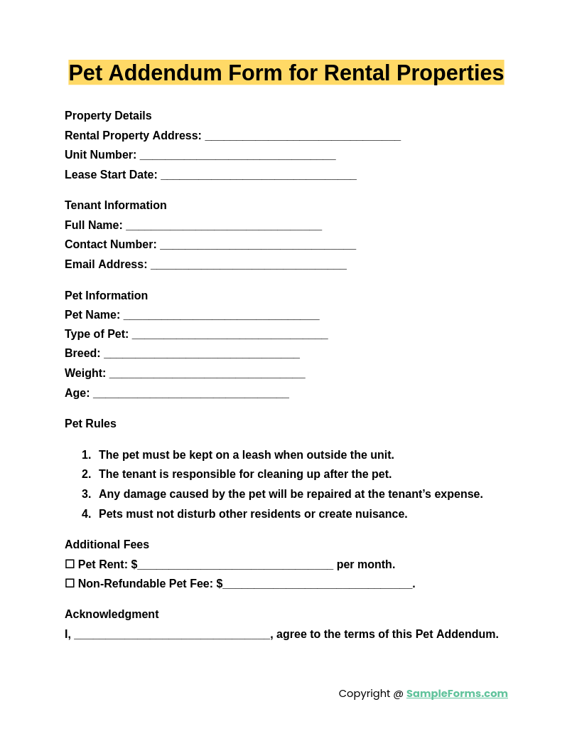 pet addendum form for rental properties