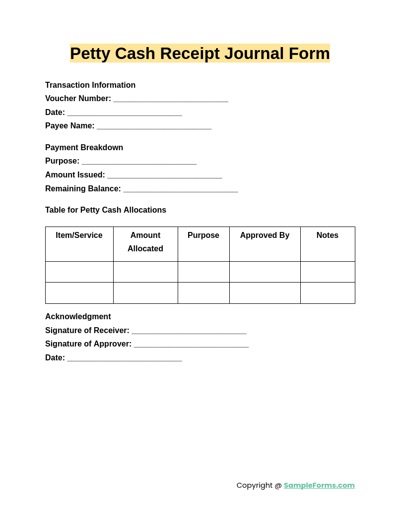 petty cash receipt journal form