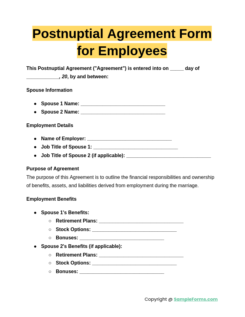 postnuptial agreement form for employees