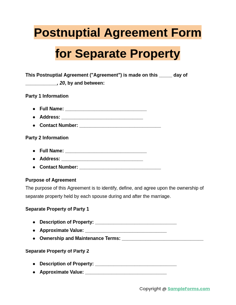 postnuptial agreement form for separate property