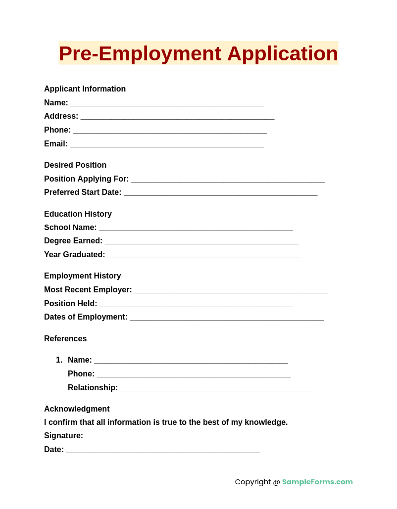 pre employment application