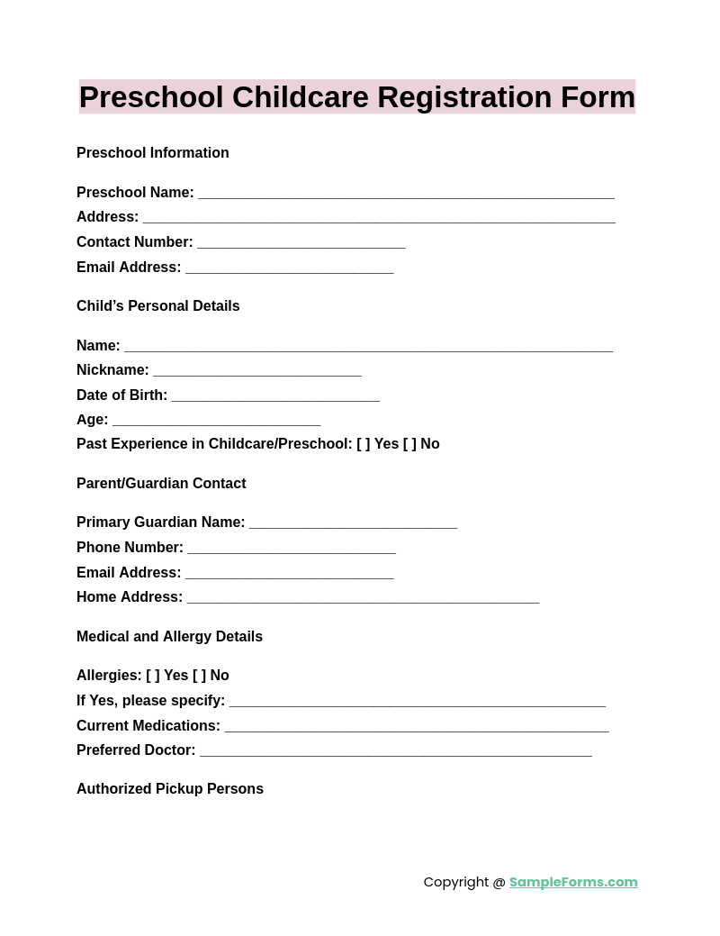 preschool childcare registration form