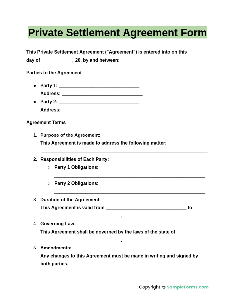 private settlement agreement forms