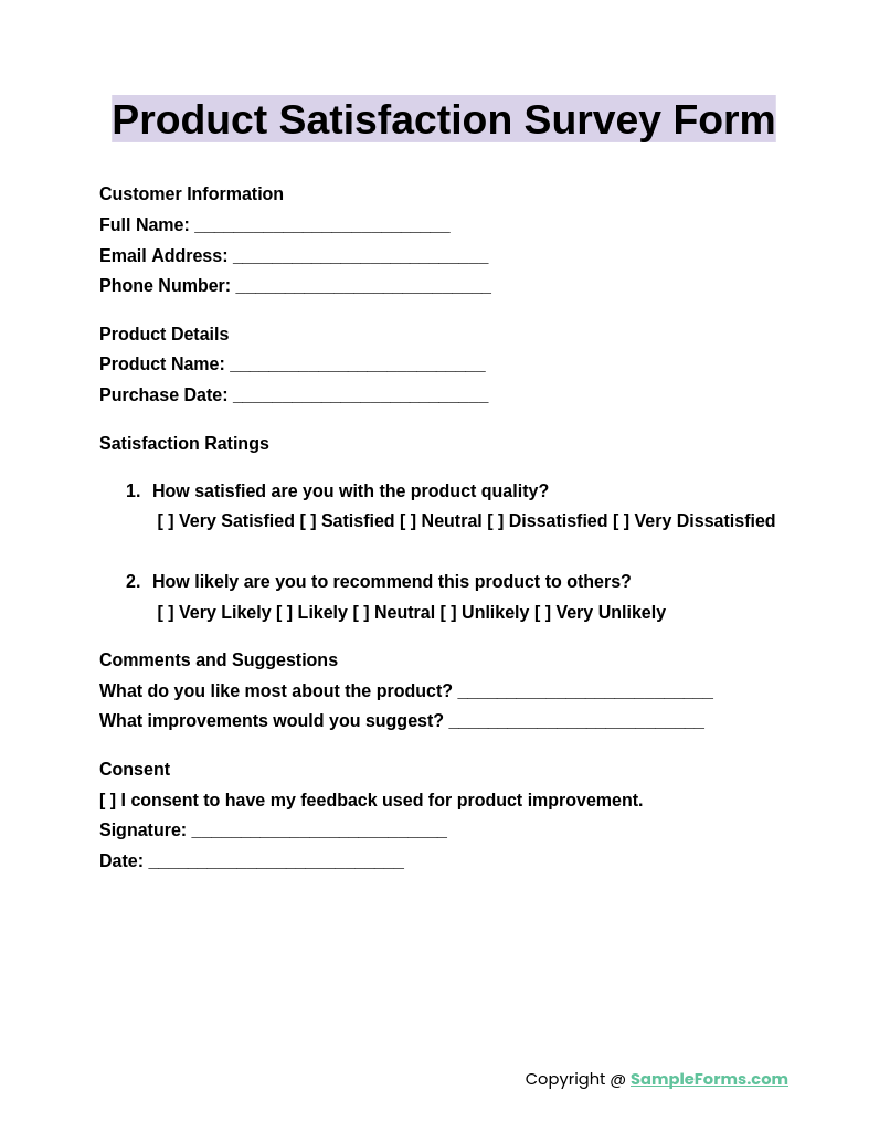 product satisfaction survey form