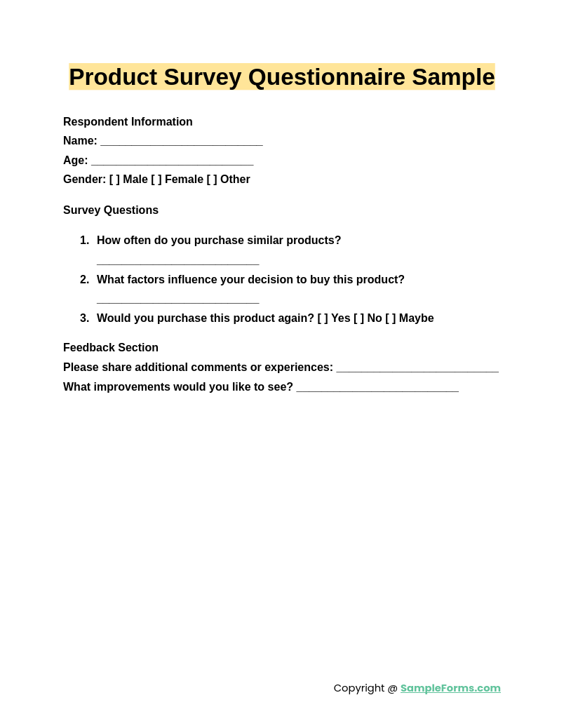 product survey questionnaire sample