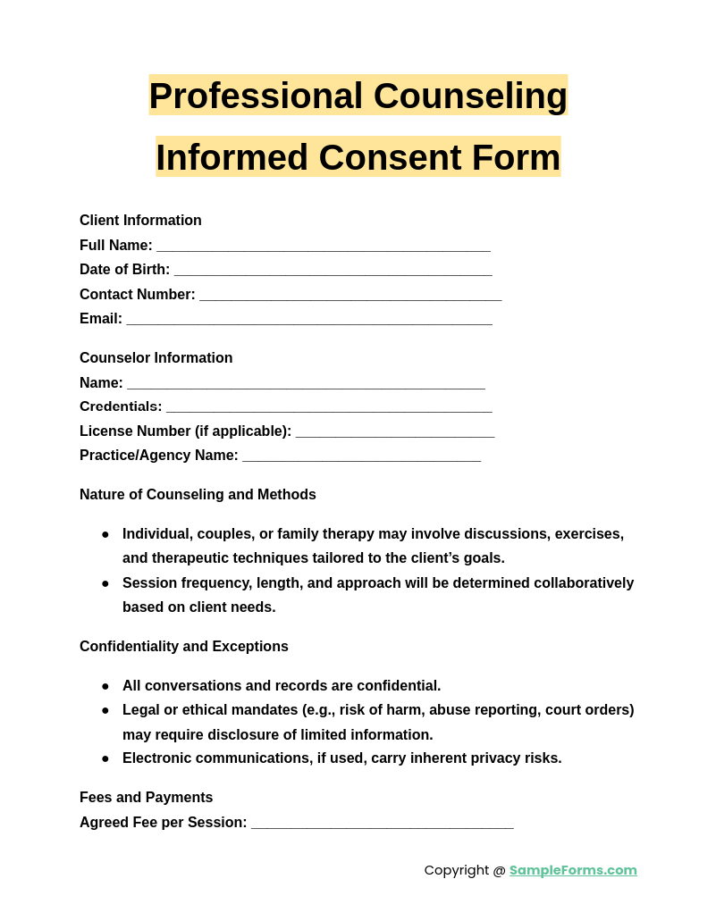 professional counseling informed consent form