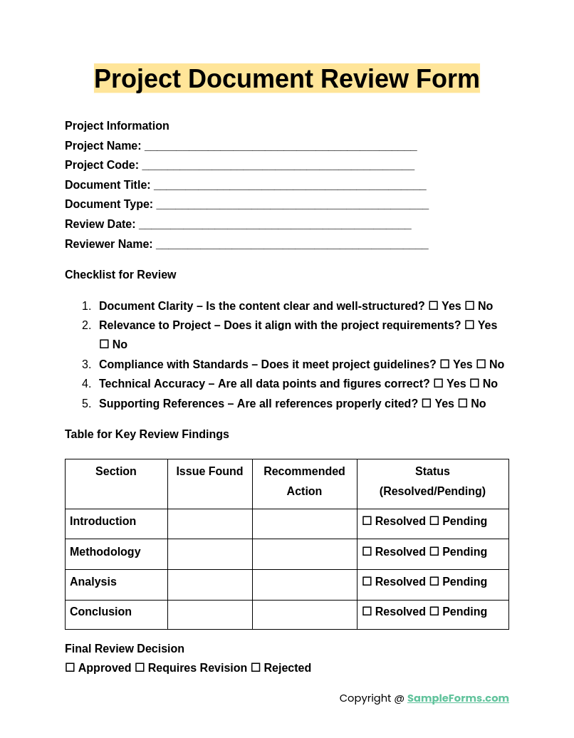 project document review form