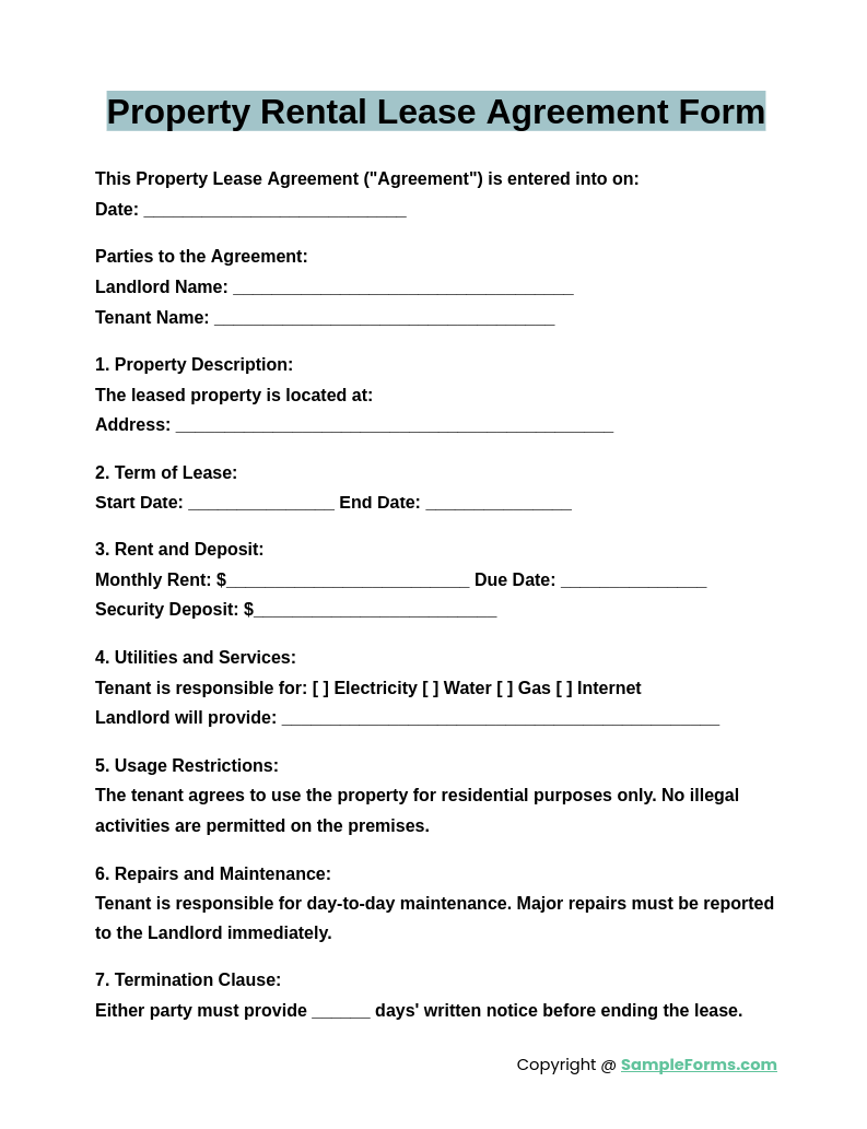 property rental lease agreement form