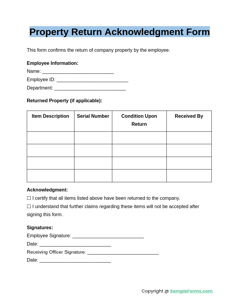 property return acknowledgment form