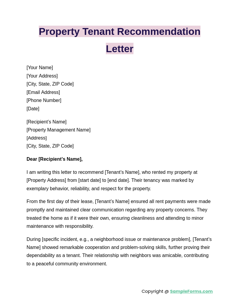 property tenant recommendation letter