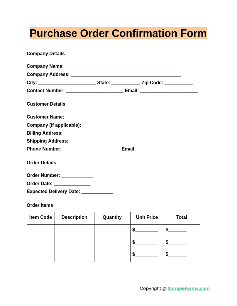 purchase order confirmation form