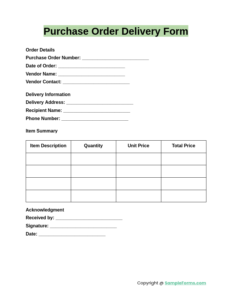 purchase order delivery form