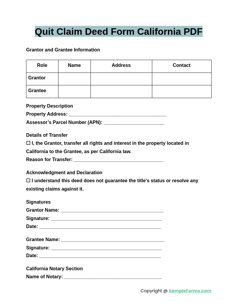 quit claim deed form california pdf