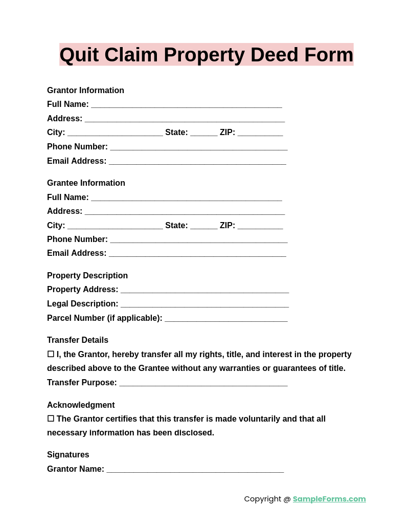 quit claim property deed form