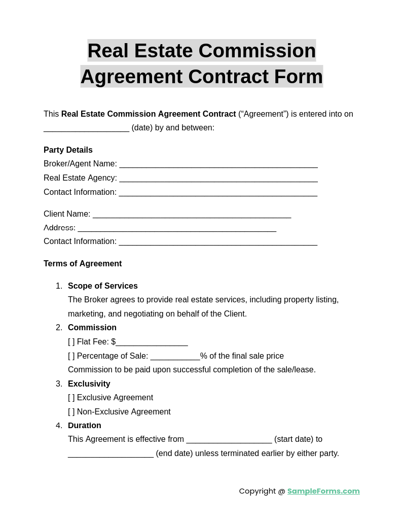 real estate commission agreement contract form