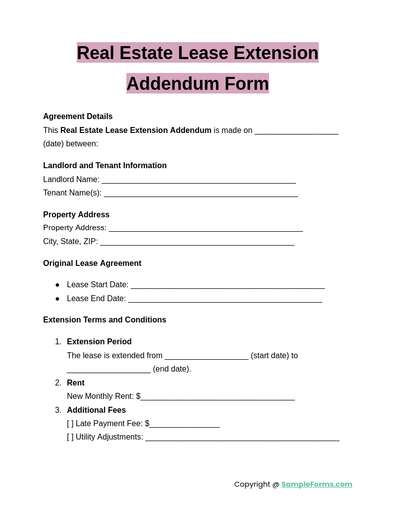 real estate lease extension addendum form