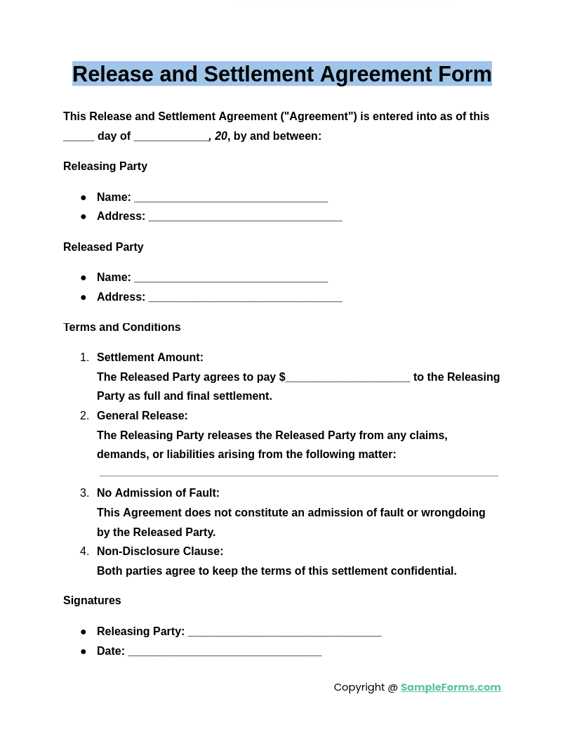 release and settlement agreement form