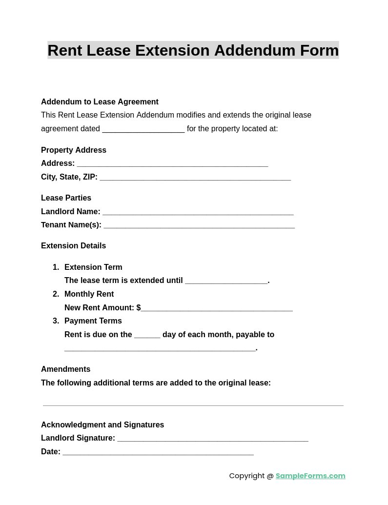 rent lease extension addendum form