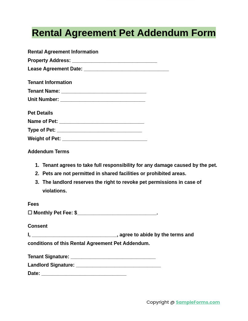 rental agreement pet addendum form