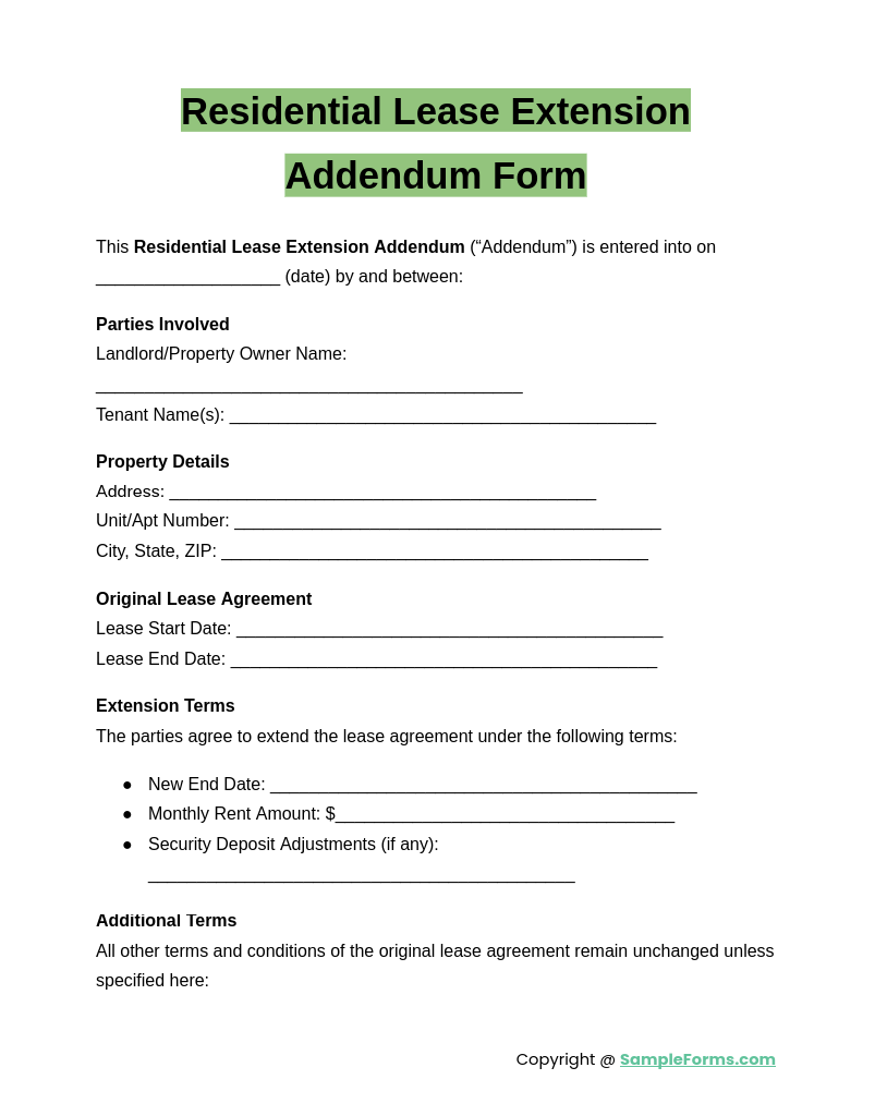 residential lease extension addendum form